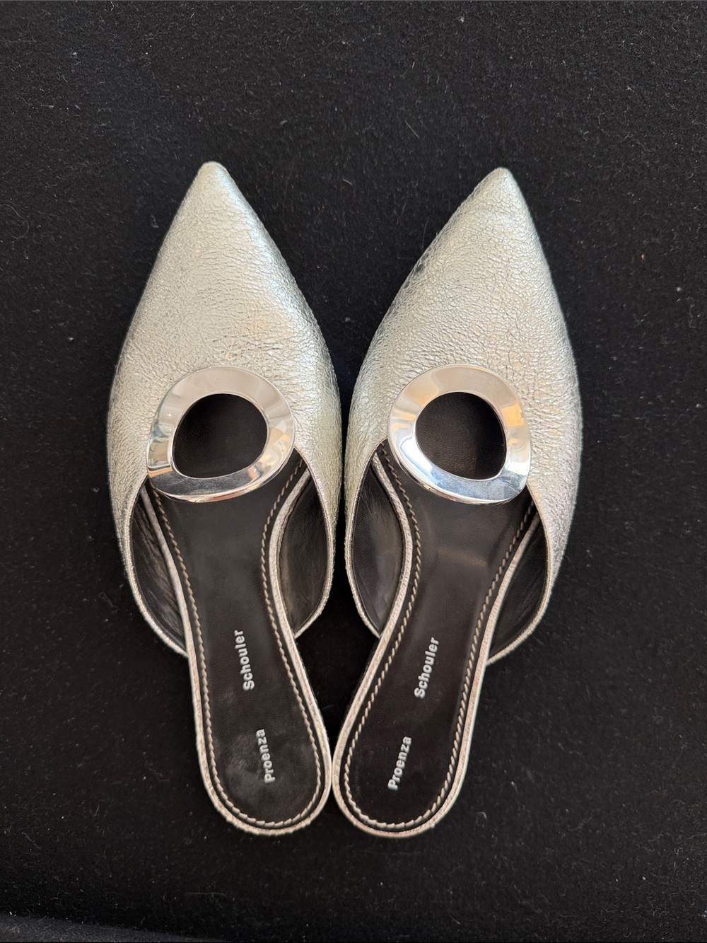 Proenza Schouler Metallic Silver Crinkled Pointed Mule with Circular Accent